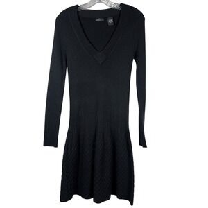 VTG MODA International Sz M Sweater Dress Black LS V-Neck Wool  Fit Flare Y2K